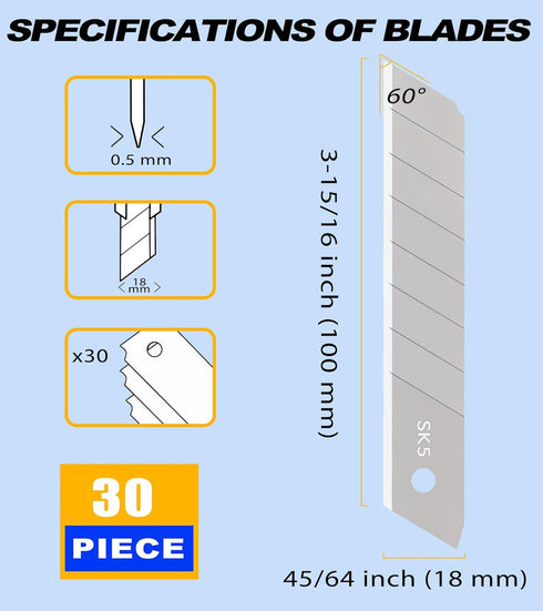 DOWELL 18mm Snap Off Blades SK5 Utility Knife Retractable Blades Box Cutter Blades (30pc)