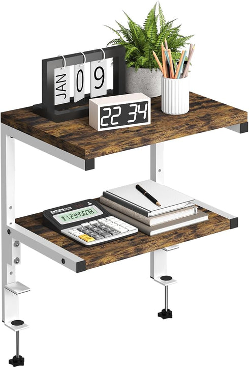 Clamp on Desk Organizer Shelf, Heavy-Duty 2-Tier Adjustable Storage for Desktop Accessories, Gaming Devices, White