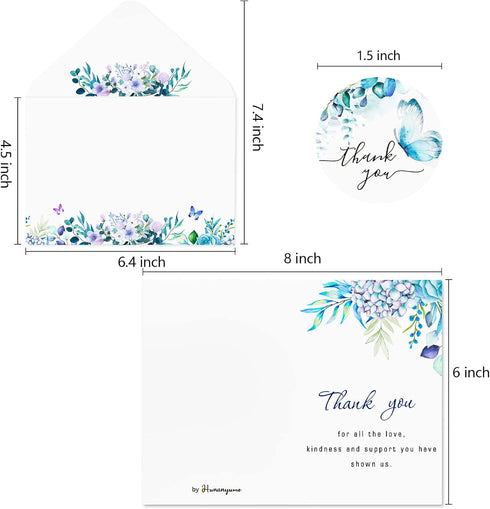 Hunanyume 50 Pack 46 Funeral Thank You Cards with Envelopes, Stickers & Message Inside, in Watercolor Flowers