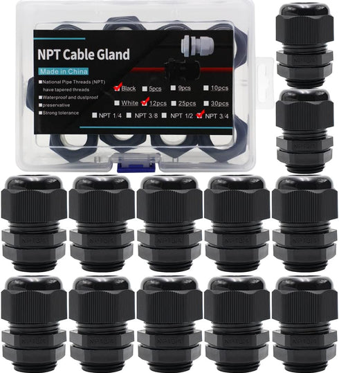 Cable Glands 3/4 Inch Nylon Waterproof Cable Connector, IP68 Waterproof Cable Range 13-18mm, 12 Pack
