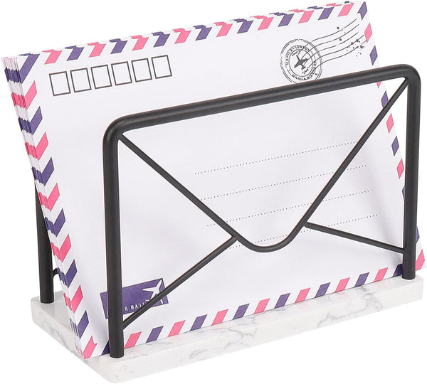 Modern Mail Holder for Home Office - Metal Letter Organizer Sorter for Desk, Envelope Storage Rack with Marble Base