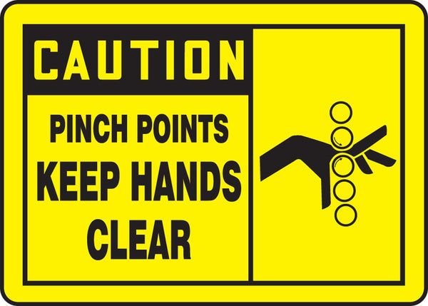 Accuform Safety Label LEQM613VSP, "Caution Pinch Points Keep Hands Clear," 3.5" x 5", Adhesive Vinyl, Black on Yellow