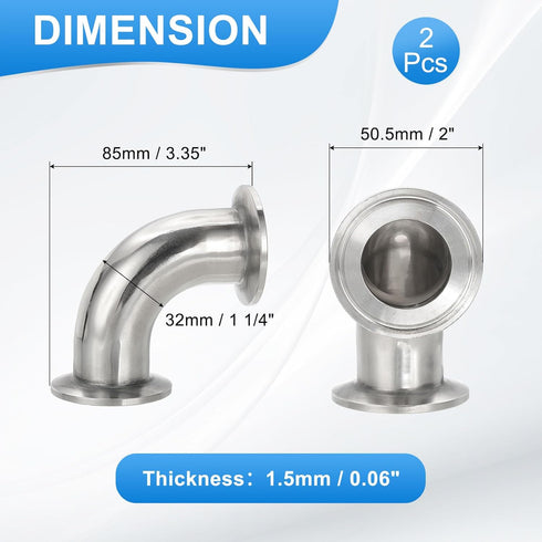 90 Elbow 1 1/4 "(32mm) 2 Pack 304 1.5" 50.5mm PATIKIL Degree Tube OD, Stainless Steel Sanitary Pipe Fittings Tri