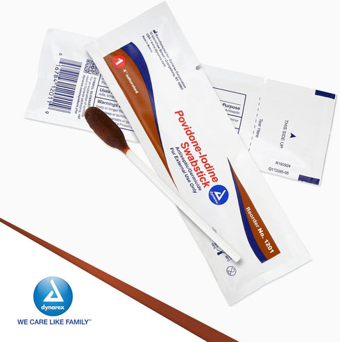 Dynarex Povidone Iodine Swabsticks, Antiseptic for Skin Preparation, Brown, 1 Box of 50 Swabsticks Packaged in