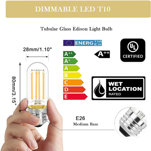 3.2 Inch 3000K E26 Bulb 60 120V 600LM Bulbs Dimmable, 6W T10 T30 Bulbs Certified-6 Pack Warm White LED Watt Equal, AC