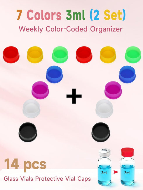 14Pack 3ml (7 1ml 2ml 3ml 4ml Vial Caps Colors) Peptide Caps for Glass Vials Peptide Storage Protective Cap, Reusable