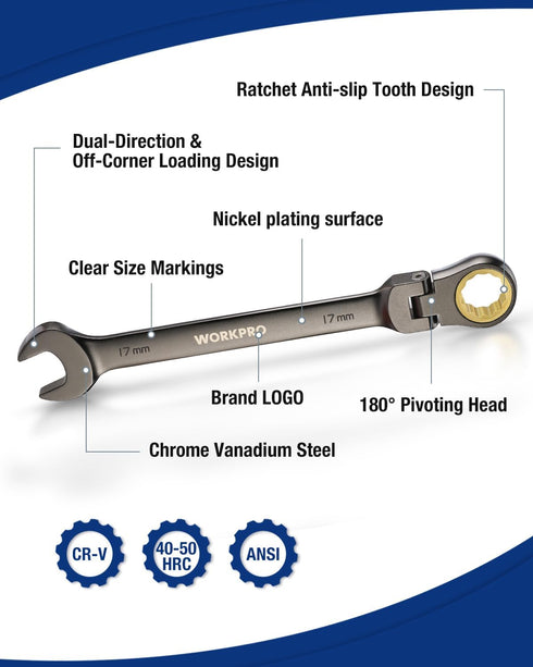 8-piece Set, 9-17 mm, 72-Teeth, WORKPRO Flex-Head Ratcheting Combination Wrench Metric Cr-V Constructed, Nickel Plating