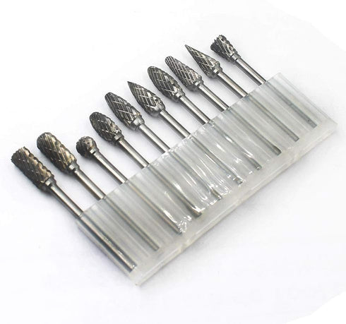 Carbide Burr Set - 10pcs Double Cut Solid Carbide Rotary Burrs, 3mm Shank for Woodworking and Metal Carving