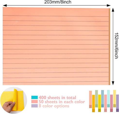 Lined Lined Self Stick 6 x 8 in Post,8 pack Large Ruled Post Stickies,Ruled Stickies Super Sticking Power Memo Pads Strong Adhesive,Sticky Notes with Lines for Home,Office,School,50 Sheets/pad
