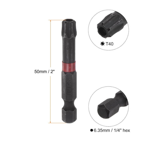 2pcs T40 Impact Rated Torx Bit 1/4" Hex Shank, 2" Length Magnetic Security Star Screwdriver Power Tool