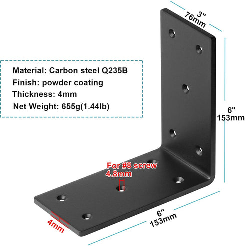 4 Pack Black Steel L Bracket, 6" L x 3" W Heavy Duty Corner Bracket for 4x4 6x6 Post, 90 Degree Metal Joint