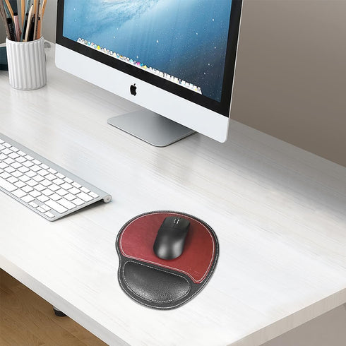 Ergonomic Leather Mouse Pad with Wrist Support - Non-Slip Rubber Base, Memory Foam, Waterproof Surface (Round-Brown)