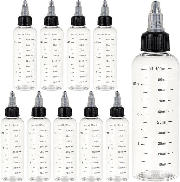 BENECREAT 10PCS 100ml Transparent Plastic Squeeze Bottles with Scale and Black Twist Cap for Liquids