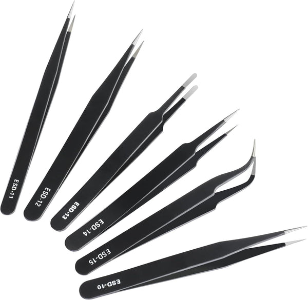 6 Pcs Precision Tweezers Set, Premium Non-Magnetic Stainless Steel for Electronics, Craft, Laboratory Work