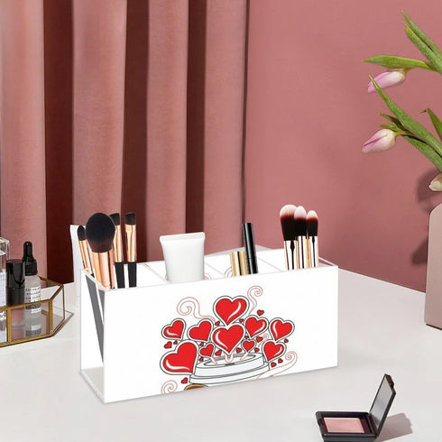 Ainavmxzs 4 Cute Red Hearts Acrylic Makeup Cup Holder With Compartments Makeup Brush Holder Organizer Brush Storage Bar