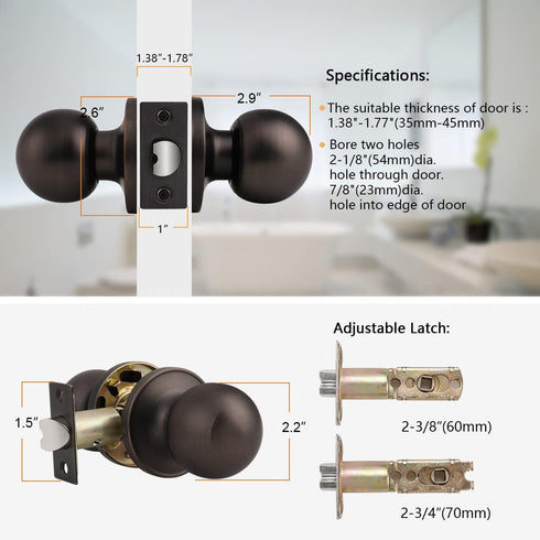 Probrico Oil Rubbed Bronze Ball Passage Door Knobs - Keyless Door Lock