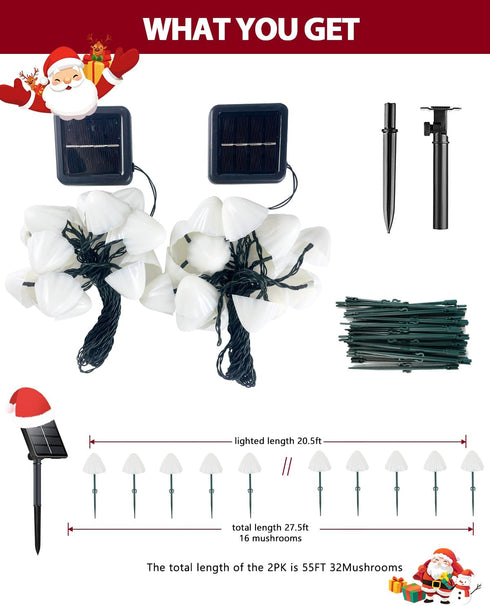 OZS 2PK 32LED 55FT 8 Red and White Christmas Decorations Mushroom Solar Lights, Christmas Lights Outdoor with Lighting