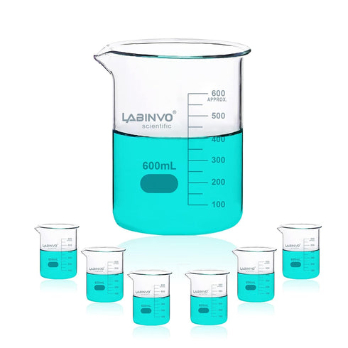 Low Form Graduated Glass Beaker, 6pcs of Vol.600ml, 3.3 Borosilicate Glass Beaker Set, IN-BKL600
