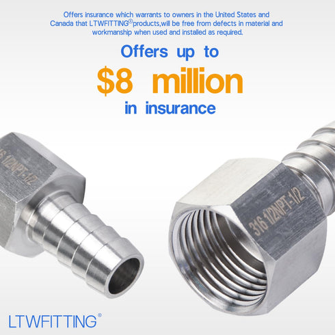 LTWFITTING Stainless Steel 316 Barb Fitting Coupler, 1/2" Hose ID x 1/2" Female NPT (Pack of 5)