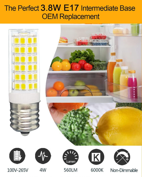 KEI d28k Freezer Bulb, 2 Pack - 4W Refrigerator Light Bulb, E17 Intermediate Base, Cool White