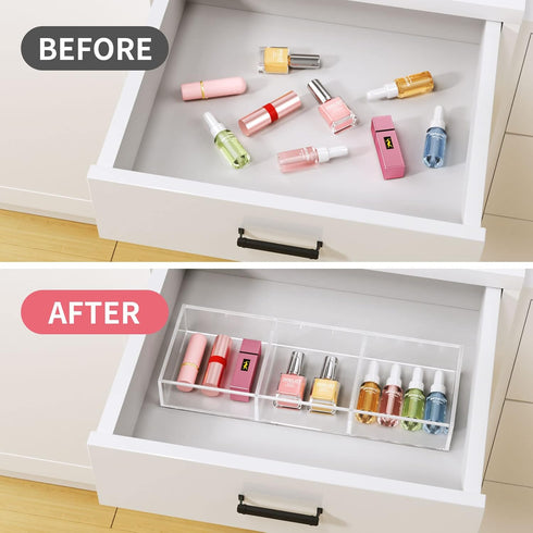 HIIMIEI 3 Section Acrylic Drawer Organizer Tray, Clear Makeup Tray for Office Shallow Drawer (11.8x4.3 inch)