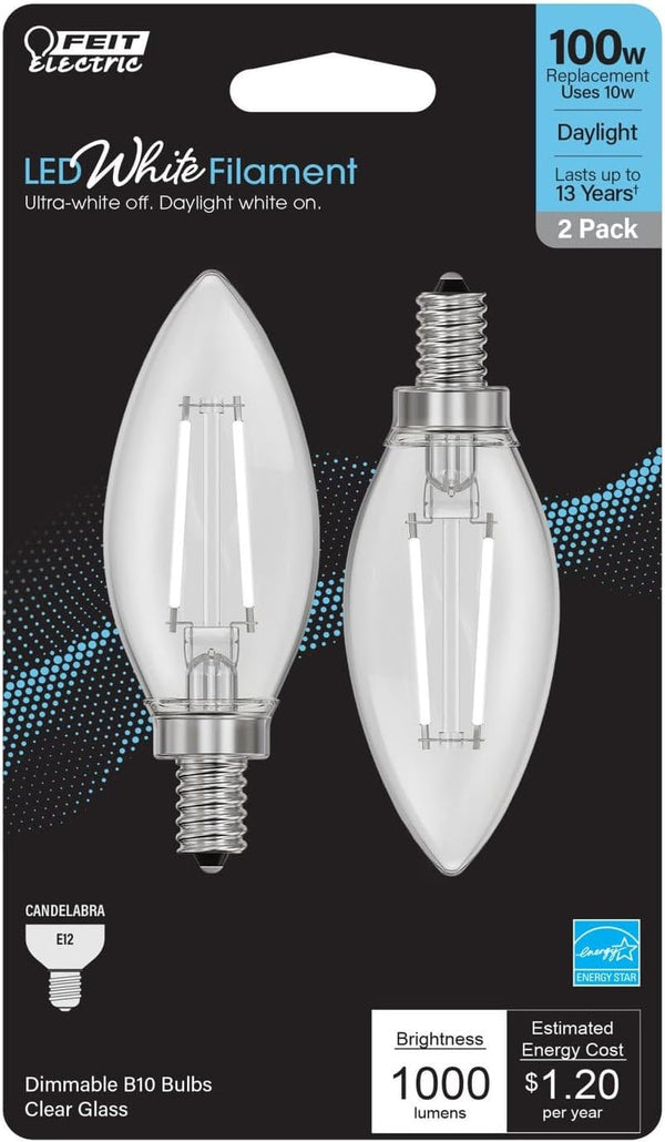 Feit Electric BPCTC100950CAWFIL/2 Daylight Torpedo-Tip Exposed White Filament LED Bulb, 2 Bulbs