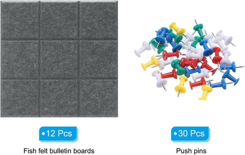 PATIKIL Felt Board Tiles, 12 Pack Self Adhesive Square Wall Bulletin Pin Board with Push Pins for Home Office Decor