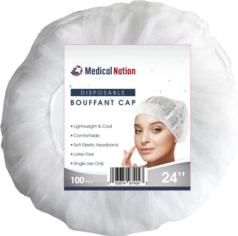24" |100 Pack, 24" MEDICAL NATION Hair Net Disposable Bouffant Caps White| Hairnets, Hair Cover, Non-Pleated Unisex |