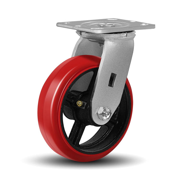 6"X2" Heavy Duty Industrial Casters, Crowned Polyurethane Tread Cast Iron Center Wheels, 1200 lbs Load Capacity