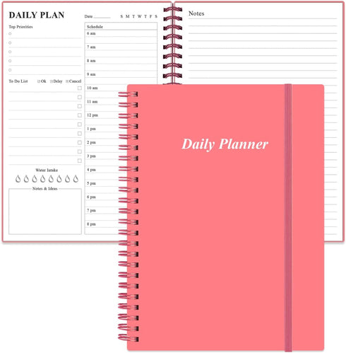 Daily Planner Undated, A5 To Do List Notebook, Spiral Appointment Planner, Pink
