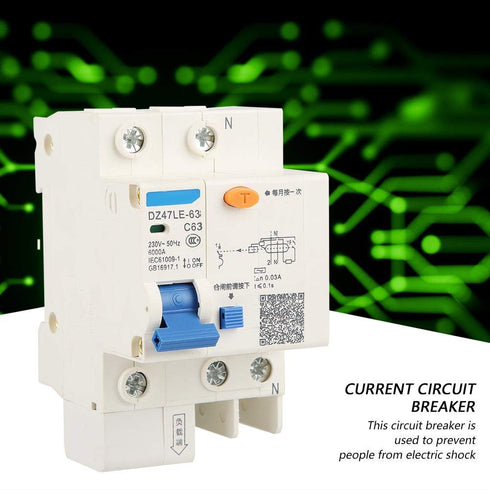 DZ47LE-63 Current Circuit Breaker 1P+N C63 RCCB 230V 63A 30mA Leakage Overload Short Circuit Protection