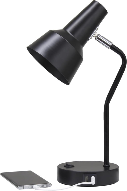 LD1072-BLK 15.2" Simple Designs Sleek Essentials Metal Cone Shade Desk Lamp with Adjustable Shade and Dual USB Ports