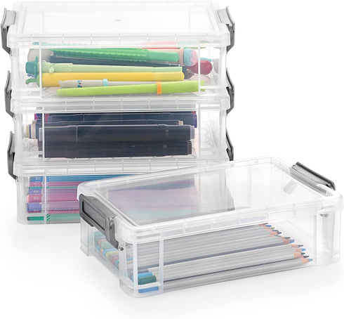 BTSKY 4 Pack Extra Large Capacity Plastic Pencil Box, Stackable Translucent Clear Storage Organizer for Office Supplies