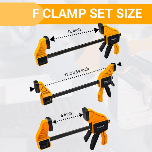 6 Pack 12(4)&6(2) Set 150LBS SUNBABA Clamps for Woodworking Light Duty One-Handed F Clamp/Spreader Bar Clamps Load