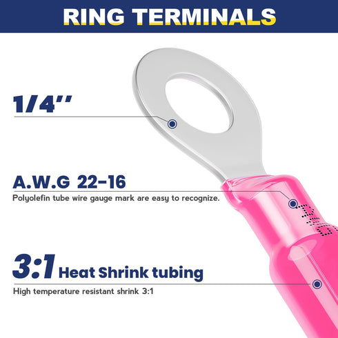 haisstronica 200PCS Heat Shrink Ring Terminals - 1/4" Marine Grade Wire Connectors, Red AWG 22-16