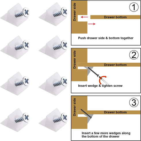 Canomo 50 Packs Plastic Furniture Bottom Sagging Repair Wedges, 90 Degree Drawer Angle Code Bracket with Screws