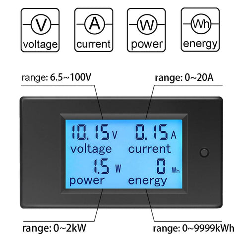 Amp Volt Watt Kwh Meter Tester Panel Digital 4 in 1 Ammeter Voltmeter Multimeter 12V DC 6.5-100V 20A, Voltage Current Power Energy Usage Monitor LCD Display Car Motorbike Solar