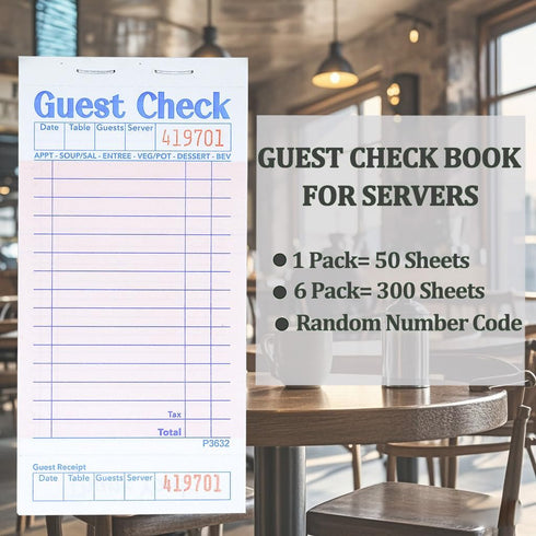 Officeva 6 Pack 300 Budgenix Guest Checks Server Note Pads Orders, Pink Guest Check Pads with Bottom Receipt, Waitress