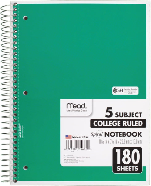 Mead 5 Subject Spiral Notebook, College Ruled, 180 Sheets, 10-1/2" x 8", Color Selected For You, 1 Count