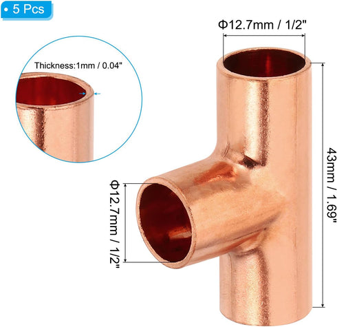 PATIKIL 1/2" ID 1mm Thick Tee Copper Fitting, 5pcs 99.9% Pure Copper 3 Way Pipe Fitting with Sweat Connection