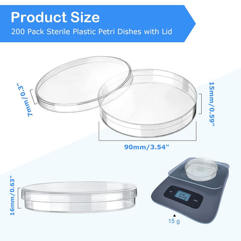 Xuhal 200 Pack Sterile Petri Dishes with Lid, 90mm Dia x 16mm, Plastic Petri Plates for Lab