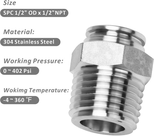 Push to Connect Fitting, 304 Stainless Steel Male Straight 1/2" Tube OD x 1/2" NPT Thread, Pack of 2
