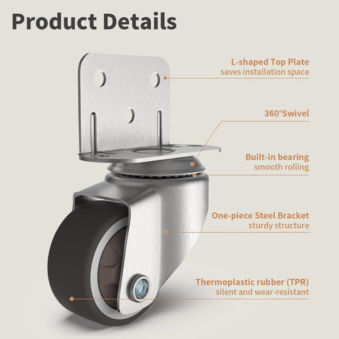 Chegulu 1" 4 Small L-Shaped Plate Casters, Swivel Furniture Wheels, TPR Silent, Mounting for Wooden Coffee Table