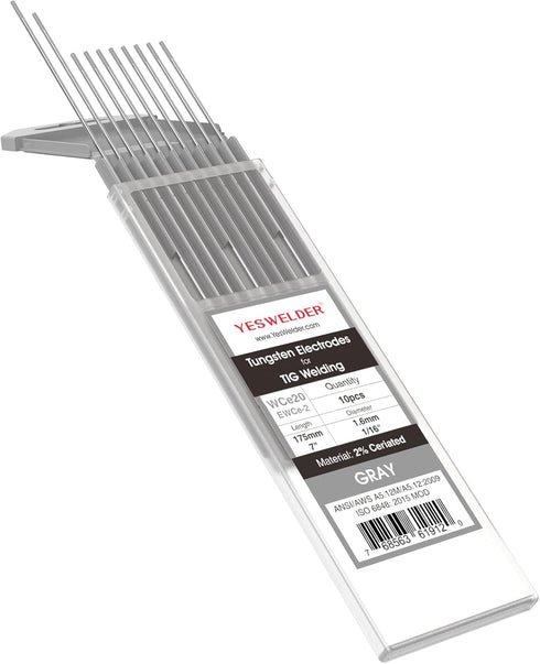 YESWELDER 10-pk TIG Welding Tungsten Electrode 2% Ceriated 1/16" x 7" (Gray, WC20/EWCe-2)