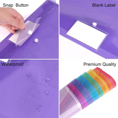 EOOUT 48pcs Clear Document Folders, Plastic Envelopes with Snap Button Closure, Letter/A4 Size, 8 Colors