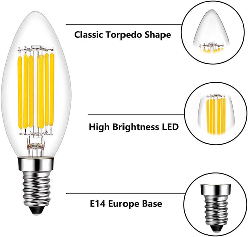 E14 LED Bulb Dimmable, 60W Equivalent, 2700K Warm White, 6W 600 Lumens, E14 Edison Bulb, 4 Pack