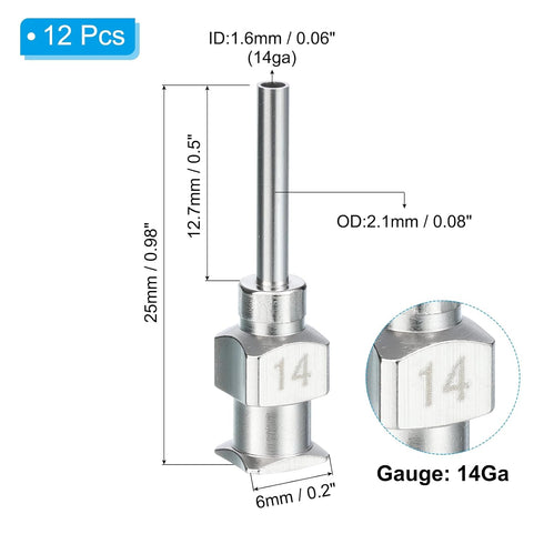 PATIKIL 14Ga x 0.5 Inch Stainless Steel Dispensing Needle Tips, 12Pcs Metal Glue Needle Tube Blunt Tips Luer Lock for Thick Glue Ink Lab, Silver