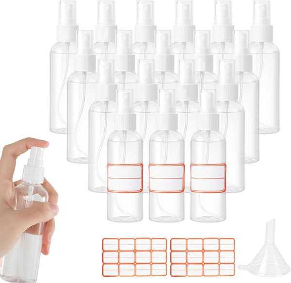 IUMLXJO 20Pcs Small Spray Bottles, 100ml/3.5oz Plastic Travel Bottles with Funnels & 120Pcs