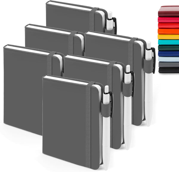 Feela 6 Pack Mini Pocket Notebooks, Cute Hardcover Memo Notepads with Pen Holder, 3.5”x 5.5”, Gray
