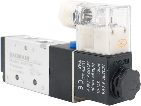 Baomain Pneumatic Air Control Solenoid Valve 4V210-08 220V AC 5 Way 2 Position PT1/4" Internally Piloted Acting Type Single Electrical Control